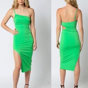 NWT Olivaceous One Shoulder Side Cutout Midi Dress in Green Large